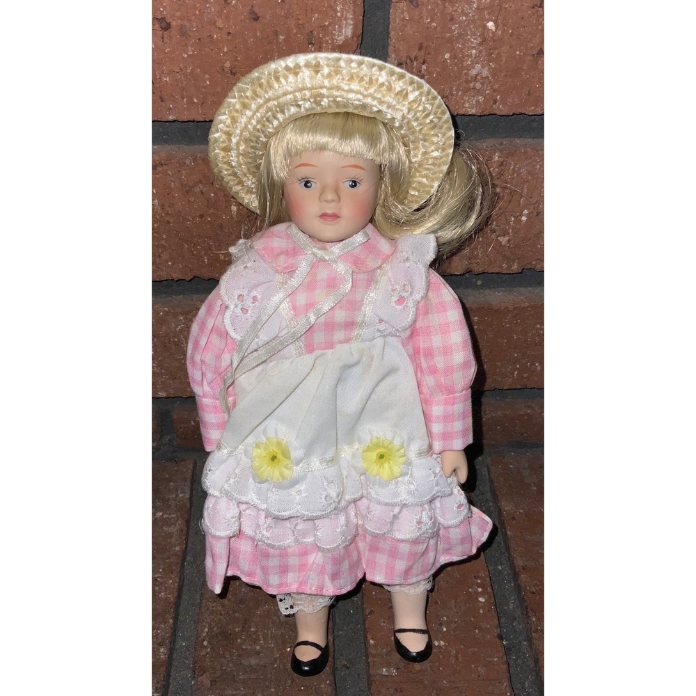 Vintage Porcelain 8" Doll Pink Gingham Dress Straw Hat Blonde Hair